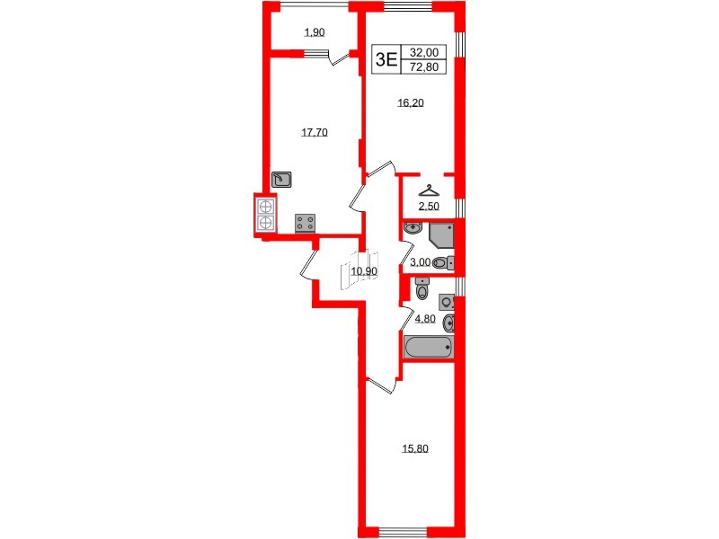 Квартира в ЖК «Дом на Красной», 2 комнатная, 72.8 м², 6 этаж