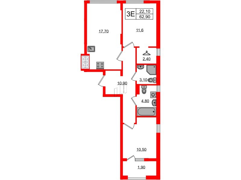 Квартира в ЖК «Дом на Красной», 2 комнатная, 62.9 м², 8 этаж