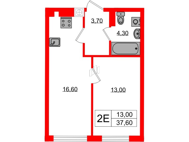 Квартира в ЖК «Дом на Красной», 1 комнатная, 37.6 м², 3 этаж