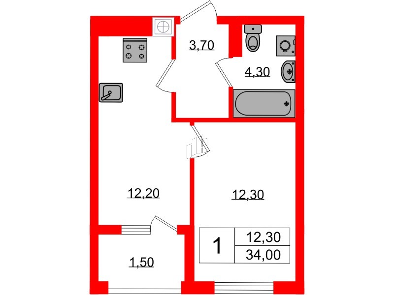 Квартира в ЖК «Дом на Красной», 1 комнатная, 34 м², 8 этаж