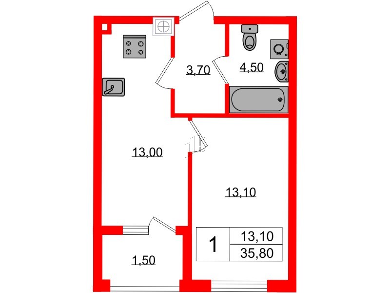Квартира в ЖК «Дом на Красной», 1 комнатная, 35.8 м², 1 этаж