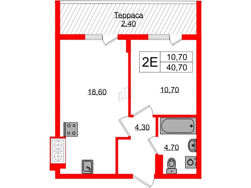 Квартира в ЖК «Дом на Красной», 1 комнатная, 35.4 м², 7 этаж