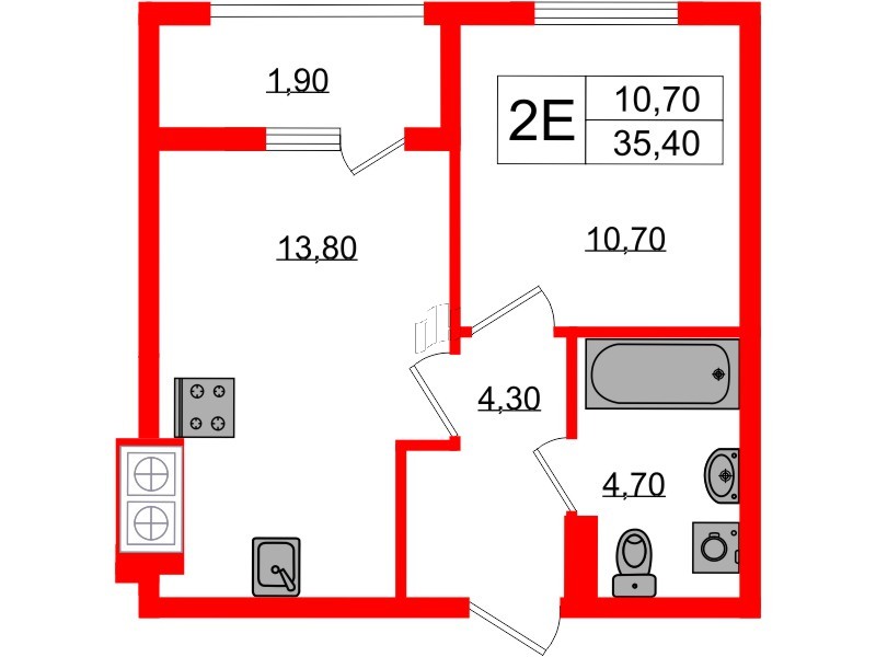 Квартира в ЖК «Дом на Красной», 1 комнатная, 35.4 м², 8 этаж