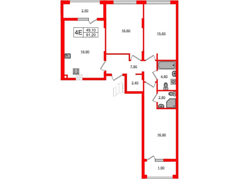 Квартира в ЖК «Дом на Красной», 3 комнатная, 91.2 м², 2 этаж