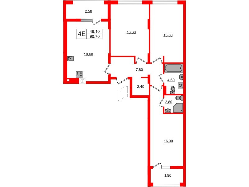 Квартира в ЖК «Дом на Красной», 3 комнатная, 90.7 м², 3 этаж