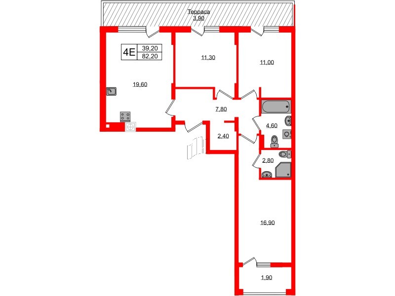 Квартира в ЖК «Дом на Красной», 3 комнатная, 82.2 м², 7 этаж