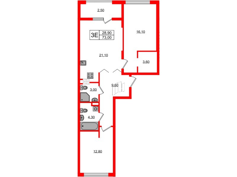 Квартира в ЖК «Дом на Красной», 2 комнатная, 73 м², 2 этаж