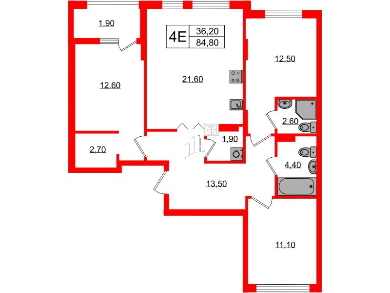 Квартира в ЖК «Дом на Красной», 3 комнатная, 84.8 м², 4 этаж