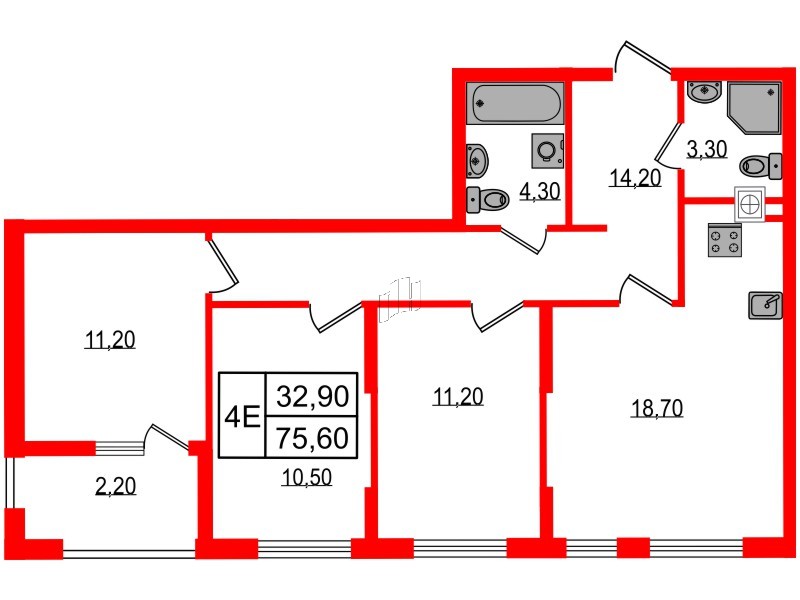 Квартира в ЖК «Дом на Красной», 3 комнатная, 75.6 м², 1 этаж