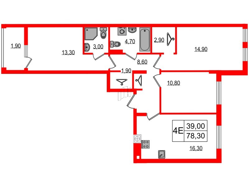Квартира в ЖК «Дом на Красной», 3 комнатная, 78.3 м², 4 этаж