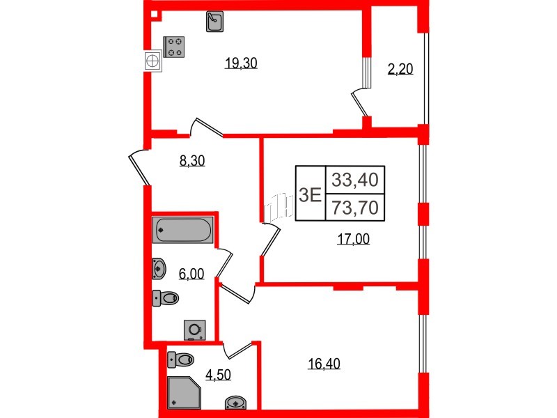 Квартира в ЖК «Дом на Красной», 2 комнатная, 73.7 м², 1 этаж