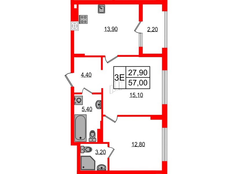 Квартира в ЖК «Дом на Красной», 2 комнатная, 57 м², 8 этаж