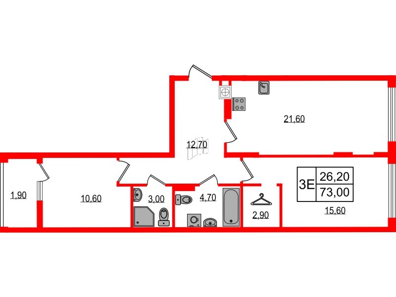 Квартира в ЖК «Дом на Красной», 2 комнатная, 73 м², 2 этаж