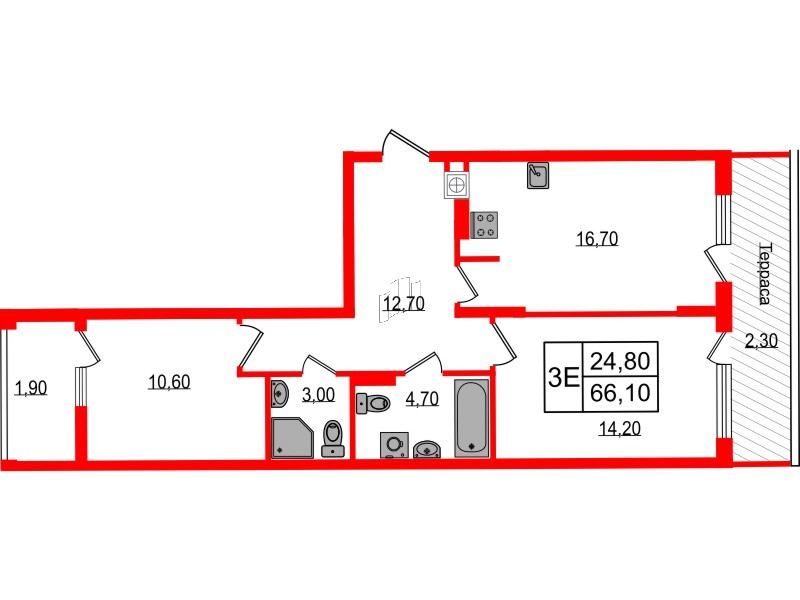 Квартира в ЖК «Дом на Красной», 2 комнатная, 66.1 м², 7 этаж