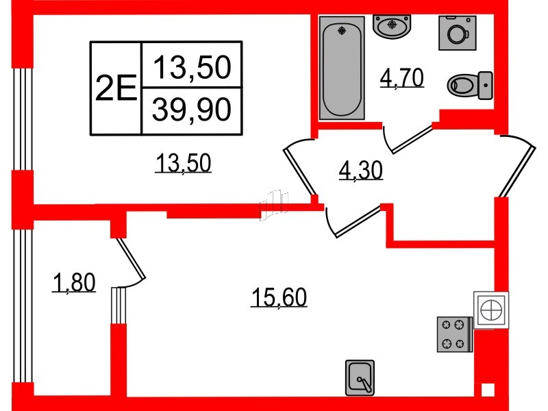 Квартира в ЖК «Дом на Красной», 1 комнатная, 39.9 м², 3 этаж