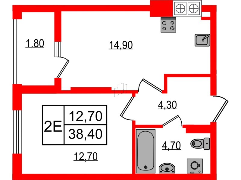 Квартира в ЖК «Дом на Красной», 1 комнатная, 38.4 м², 8 этаж