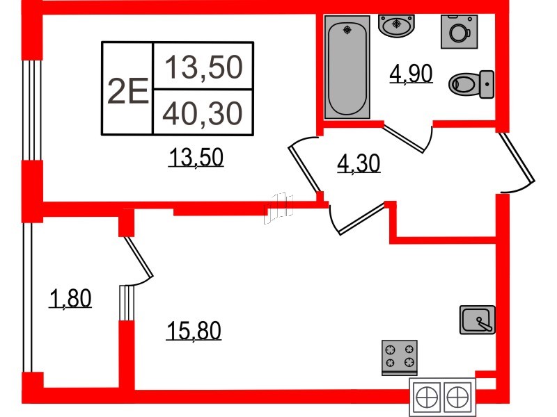 Квартира в ЖК «Дом на Красной», 1 комнатная, 40.3 м², 1 этаж