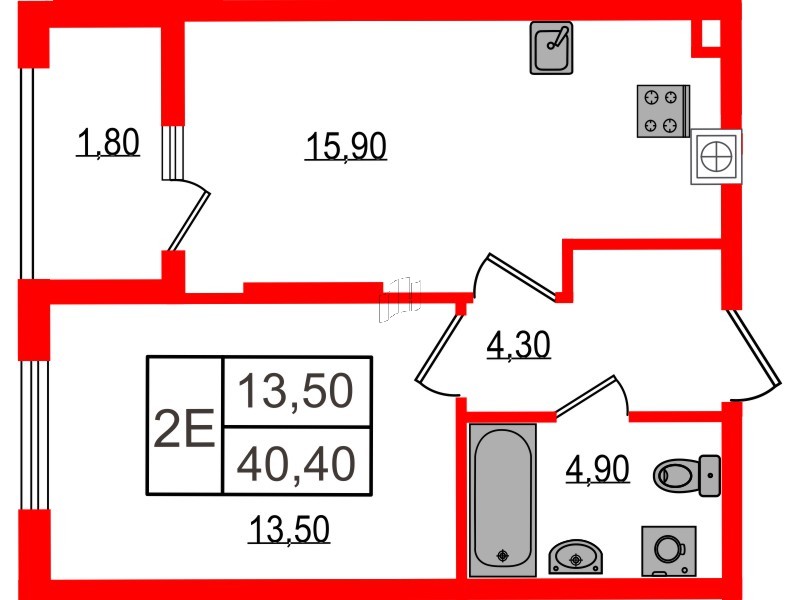 Квартира в ЖК «Дом на Красной», 1 комнатная, 40.4 м², 1 этаж