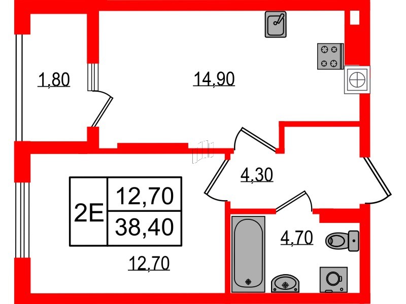Квартира в ЖК «Дом на Красной», 1 комнатная, 38.4 м², 8 этаж
