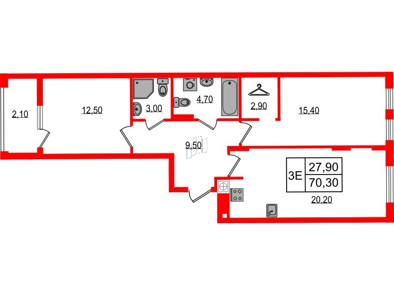 Квартира в ЖК «Дом на Красной», 2 комнатная, 70.3 м², 6 этаж