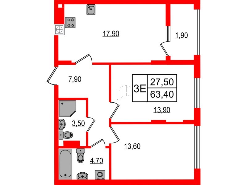 Квартира в ЖК «Дом на Красной», 2 комнатная, 63.4 м², 5 этаж