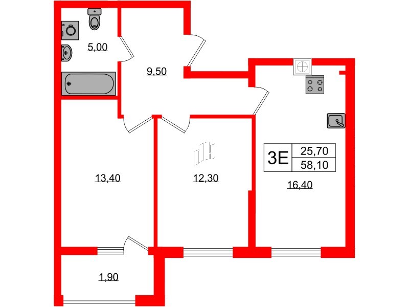 Квартира в ЖК «Дом на Красной», 2 комнатная, 58.1 м², 1 этаж
