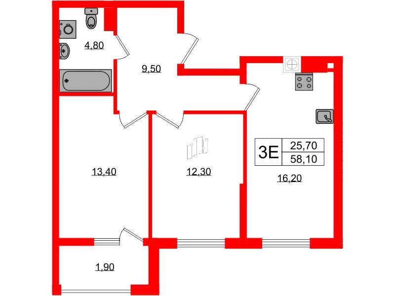 Квартира в ЖК «Дом на Красной», 2 комнатная, 58.1 м², 2 этаж