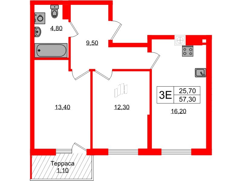Квартира в ЖК «Дом на Красной», 2 комнатная, 57.3 м², 8 этаж