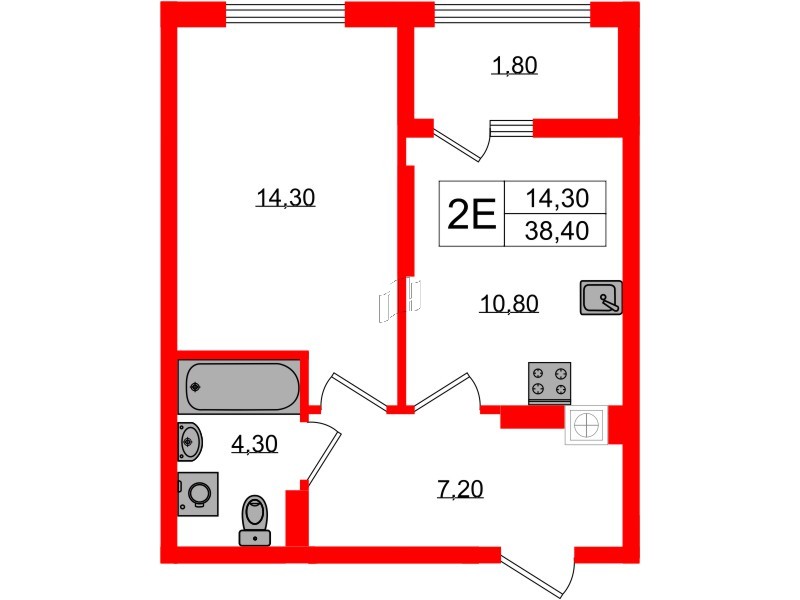 Квартира в ЖК «Дом на Красной», 1 комнатная, 38.4 м², 8 этаж