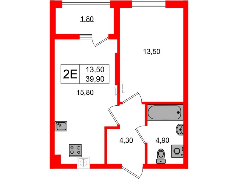 Квартира в ЖК «Дом на Красной», 1 комнатная, 39.9 м², 1 этаж