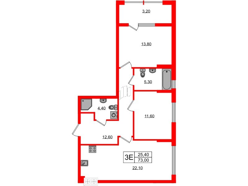 Квартира в ЖК «Дом на Красной», 2 комнатная, 73 м², 1 этаж