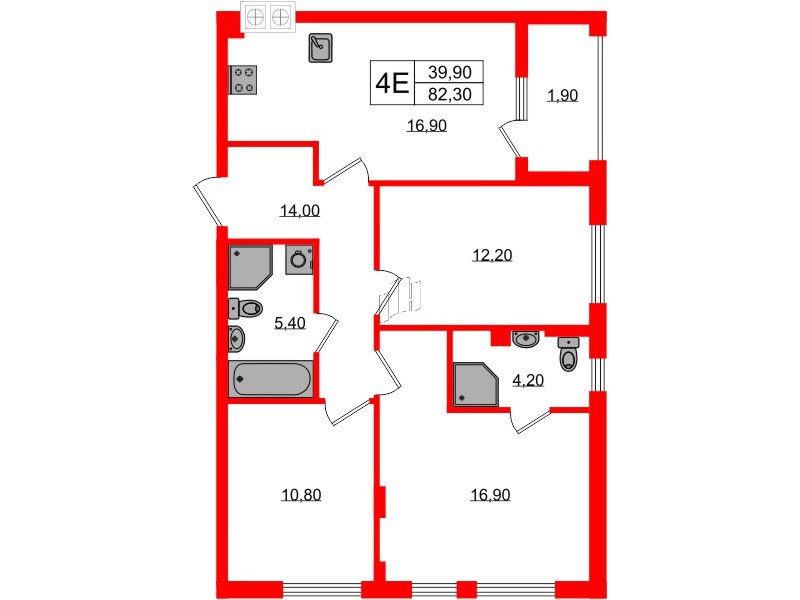 Квартира в ЖК «Дом на Красной», 3 комнатная, 82.3 м², 1 этаж
