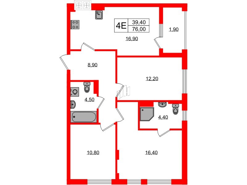 Квартира в ЖК «Дом на Красной», 3 комнатная, 76 м², 6 этаж
