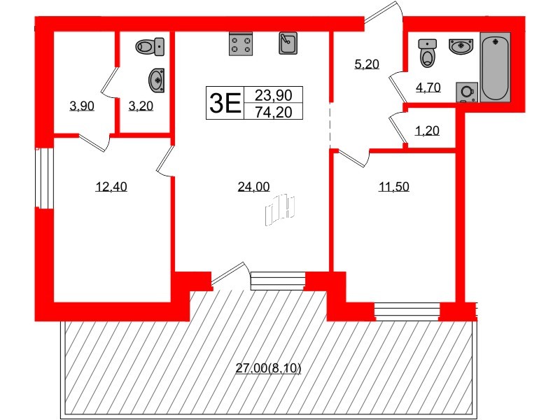 Квартира в ЖК «Сиреневый бульвар», 2 комнатная, 74.2 м², 1 этаж