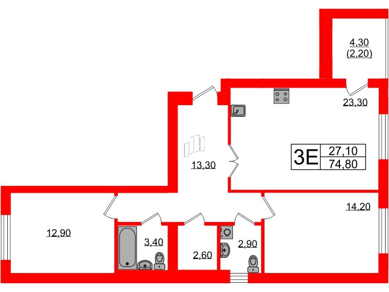 Квартира в ЖК «Сиреневый бульвар», 2 комнатная, 74.8 м², 2 этаж