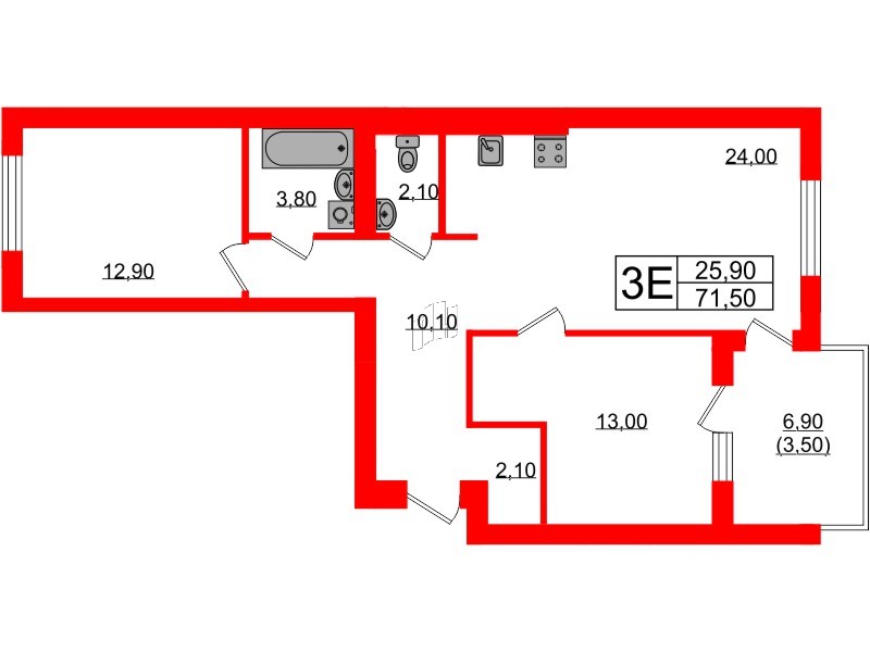 Квартира в ЖК «Сиреневый бульвар», 2 комнатная, 71.5 м², 3 этаж