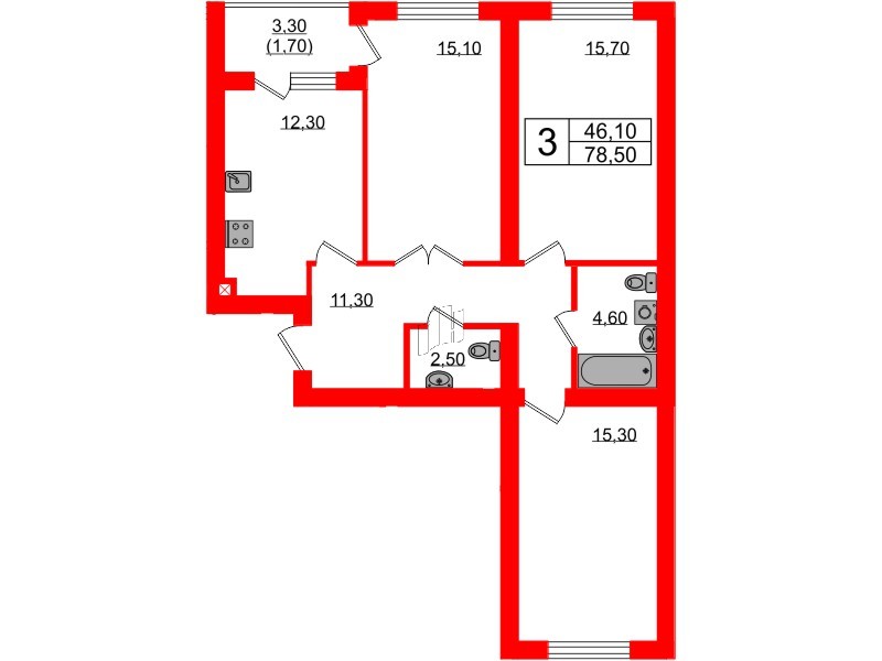 Квартира в ЖК «Сиреневый бульвар», 3 комнатная, 78.5 м², 2 этаж