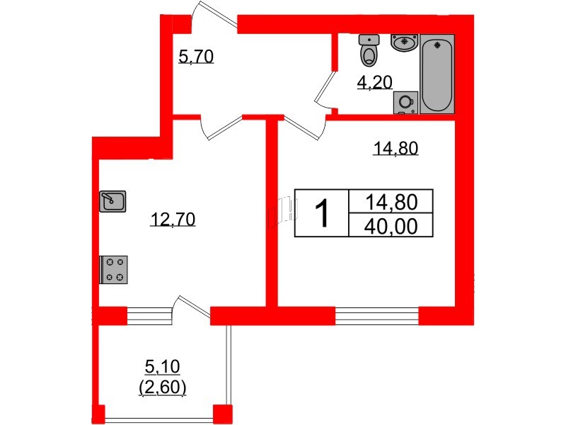 Квартира в ЖК «Сиреневый бульвар», 1 комнатная, 40 м², 4 этаж