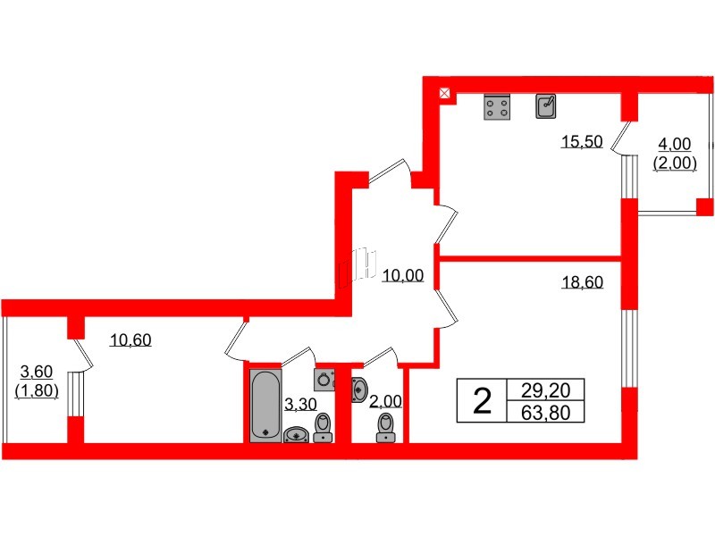 Квартира в ЖК «Сиреневый бульвар», 2 комнатная, 63.8 м², 4 этаж