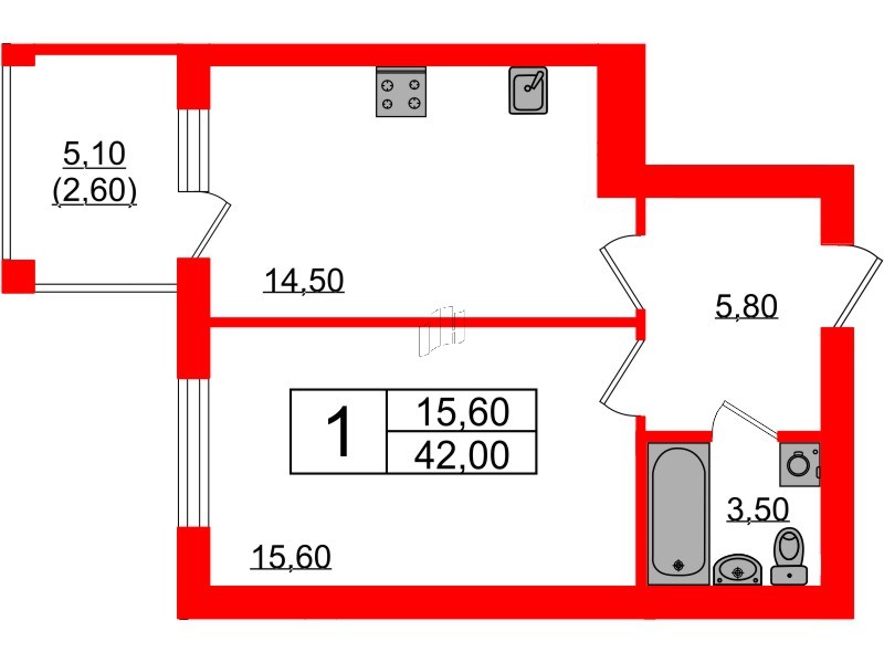 Квартира в ЖК «Сиреневый бульвар», 1 комнатная, 42 м², 4 этаж