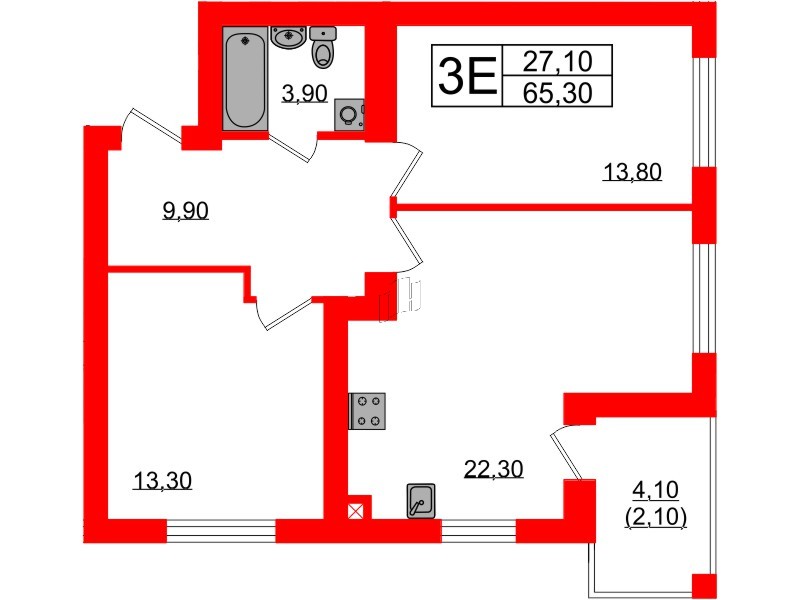 Квартира в ЖК «Сиреневый бульвар», 2 комнатная, 65.3 м², 2 этаж