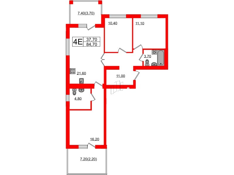 Квартира в ЖК «Сиреневый бульвар», 3 комнатная, 84.7 м², 2 этаж