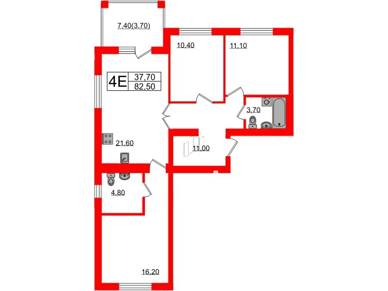 Квартира в ЖК «Сиреневый бульвар», 3 комнатная, 82.5 м², 3 этаж