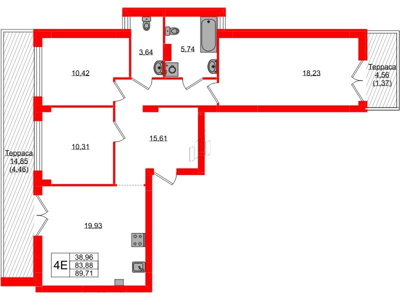 Квартира в ЖК «Включи», 3 комнатная, 89.71 м², 1 этаж
