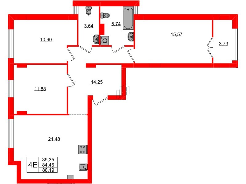 Квартира в ЖК «Включи», 3 комнатная, 88.19 м², 3 этаж