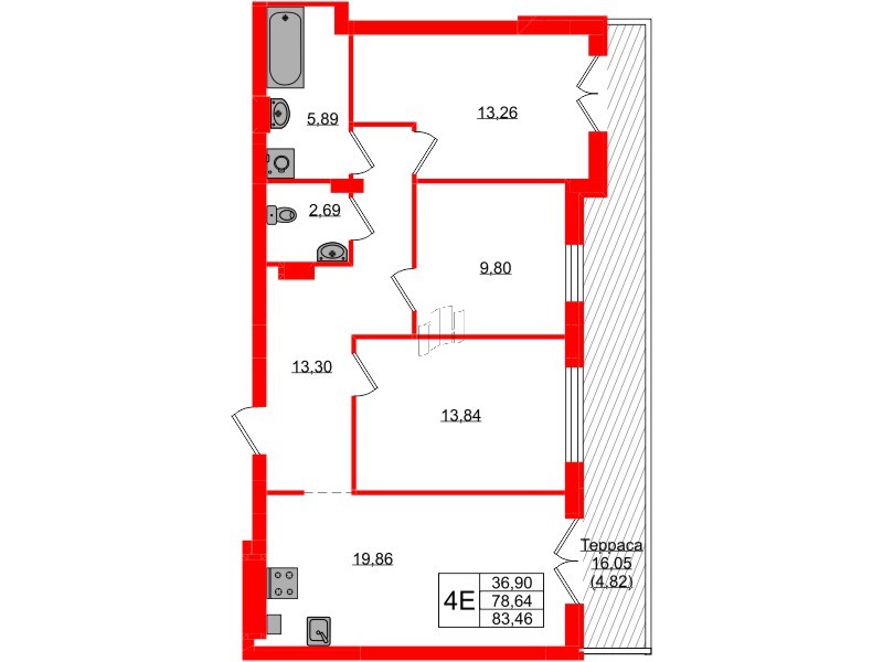 Квартира в ЖК «Включи», 3 комнатная, 83.46 м², 1 этаж