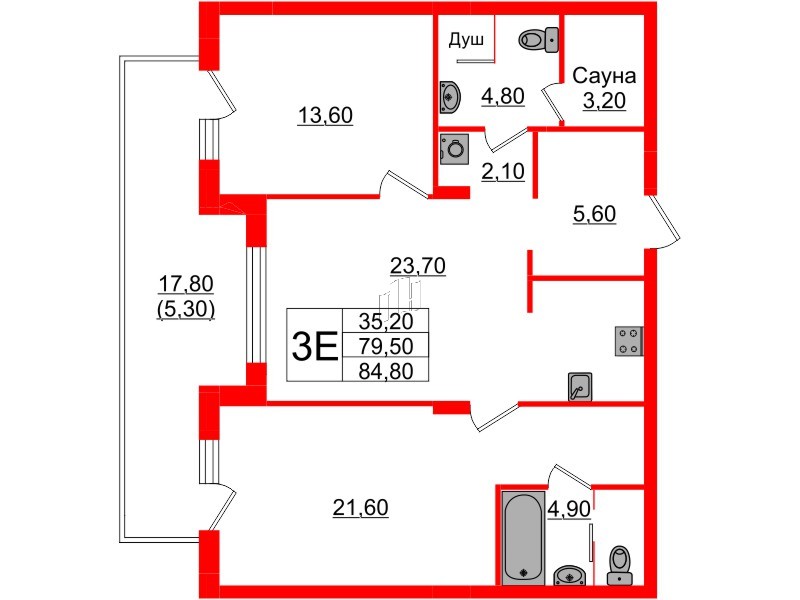 Квартира в ЖК «Вдохновение» ЭКОквартал «Русская Европа», 2 комнатная, 84.8 м², 7 этаж