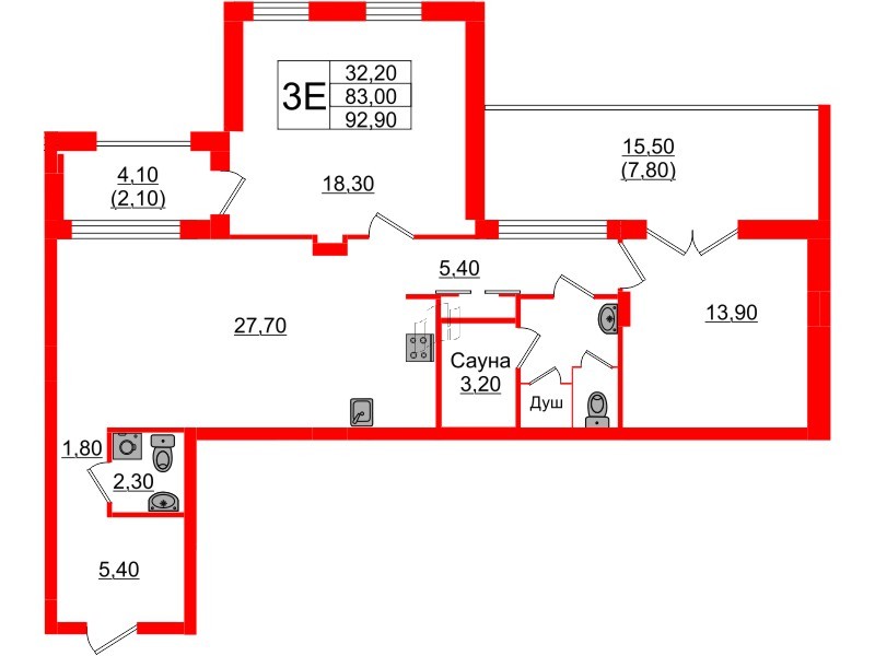 Квартира в ЖК «Вдохновение» ЭКОквартал «Русская Европа», 2 комнатная, 92.9 м², 10 этаж