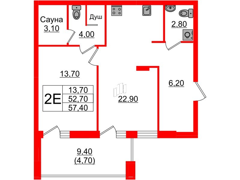 Квартира в ЖК «Вдохновение» ЭКОквартал «Русская Европа», 1 комнатная, 57.4 м², 7 этаж