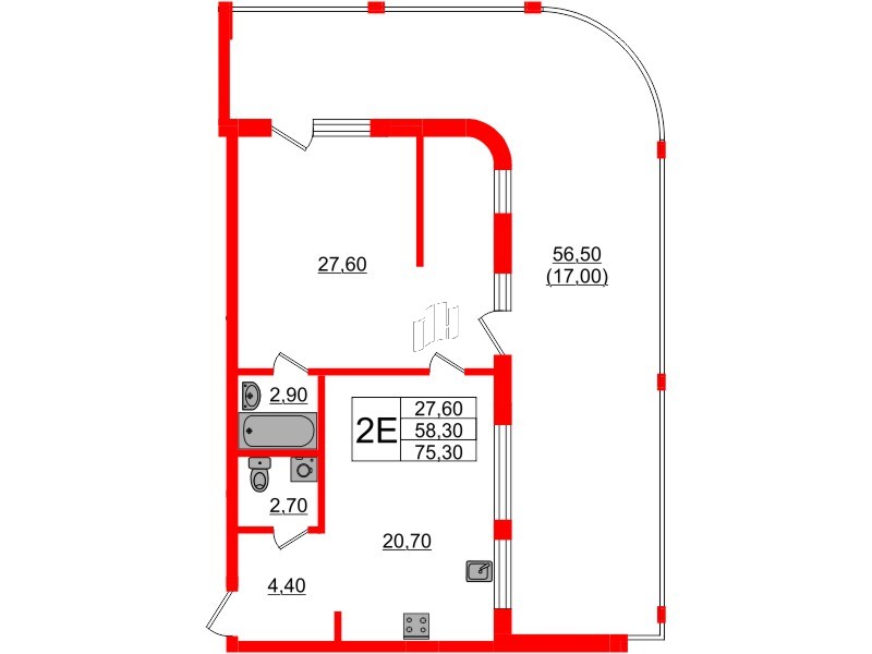 Квартира в ЖК «Вдохновение» ЭКОквартал «Русская Европа», 1 комнатная, 75.3 м², 3 этаж